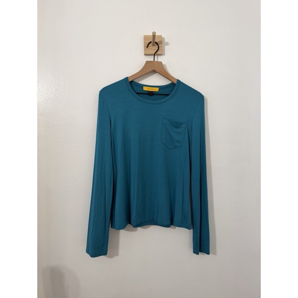 St John Womens Teal Blue Long Sleeve Viscose Stretch Pocket Top Shirt Med